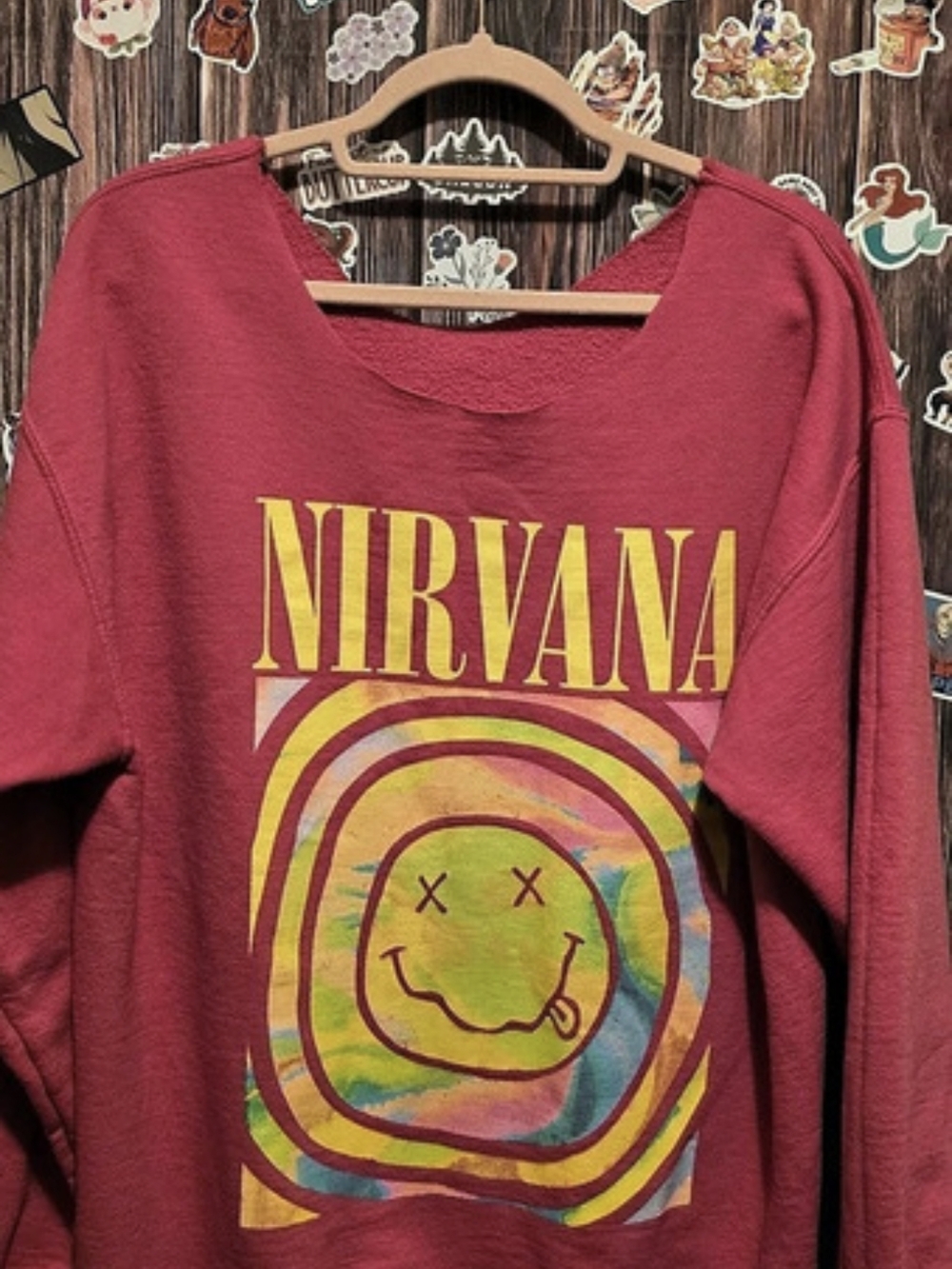 Urban Outfitters Nirvana Smile Overdyed Fleece Crew Neck Sweatshirt Red